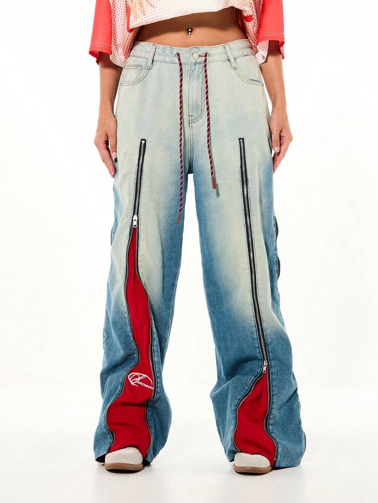 SUMWON WOMEN Weit geschnittene Jeans mit roten Reißverschlusseinsätzen