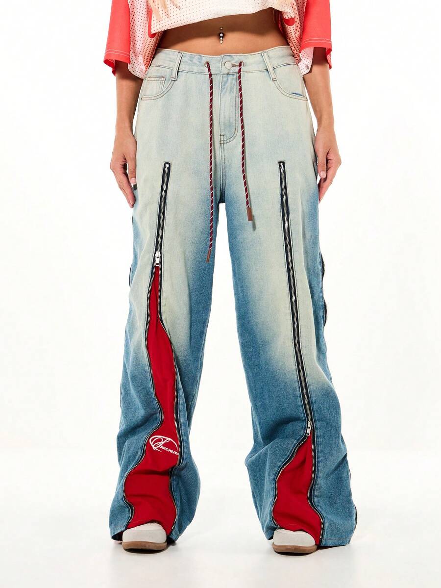 SUMWON WOMEN Denim Wide Leg Jeans With Red Zip Panels And Contrast Stitching High Rise Drawstring Closure Fashion Statement Piece