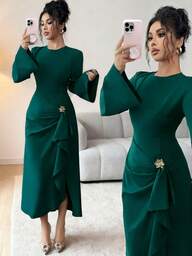 Rafferiza Rochie elegantă de damă, roșie, cu guler rotund, mâneci evazate, volane, tiv asimetric, potrivită pentru primăvară/toamnă, rochie elegantă de damă, rochie de toamnă pentru invitați la nuntă, rochie elegantă de petrecere, rochie elegantă pentru întâlniri și activități zilnice, îmbrăcăminte de damă de toamnă