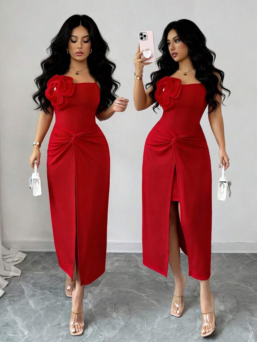 Rafferiza Women's Elegant Red Summer Banquet Dress,Halter Neck Fitted Waist With 3D Floral Embellishments,Midi Curve Party Dress For Bridesmaid,Guest & Date - Red - View 1