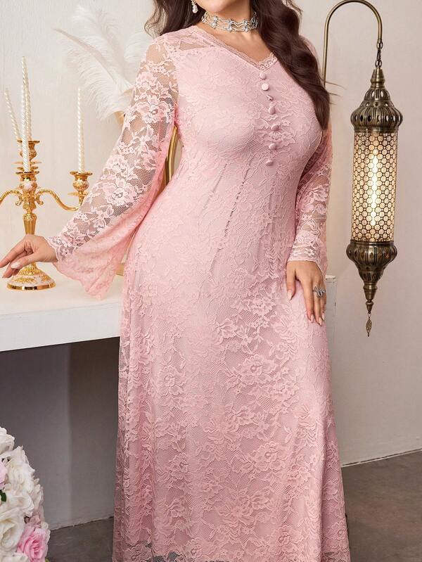 Al Najma Plus Size Women Long Sleeve Knitted Elegant Lace Casual Solid Color Abaya Dress