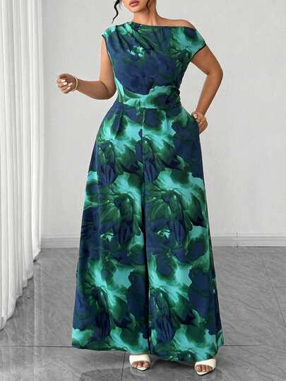Elenzga Plus Size Women's Plus Size Tie-Dye Asymmetric Shoulder Short Sleeve Wide Leg Jumpsuit, Elegant And Stylish For Outdoor Wear, Spring/Summer