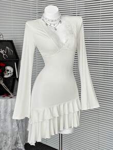 Coolane Trang phục biểu diễn mùa thu cho nữ, lễ hội, đi chơi, tiệc tùng, hòa nhạc đồng quê, trang phục đường phố Y2K, váy ngắn màu đen co giãn, thoải mái, thường ngày, ren tương phản - trắng - Xem 6