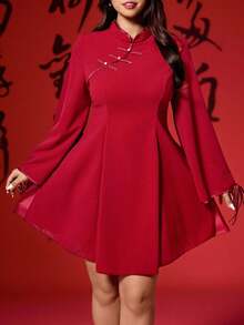 Vionelle Plus Size Chinese Element Button Decor Short A-Line Sleeve Dress, Christmas & New Year Dresses For Women Red Red Long Sleeve Dress Lantern Sleeve Dress Red Casual Dress Red Plus Size Dress Chinese New Year Chinese New Year Chinese Style Dress