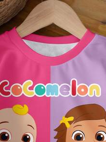 CoComelon X SHEIN Young Girl Cartoon Figure Graphic Colorblock Crew Neck Long Sleeve Sweatshirt - White - View 3