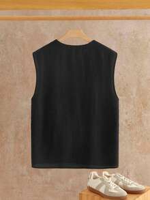 HIMLAND 男士纯色圆领前扣休闲背心，夏季 - 黑色 - 查看 4