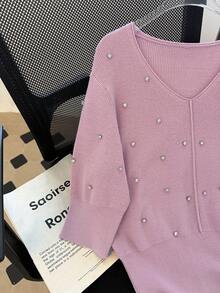 Franclia 女士春季V领水钻装饰纯色保暖毛衣，修身腰部设计，柔软针织短袖上衣，适合日常、通勤、居家、外出、感恩节等场合，女士春夏上衣 - 藕粉色 - 查看 6