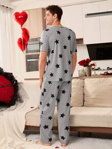 CoupledUp Star Print Short Sleeve Pants Men Pajama Set - Grey - View 3
