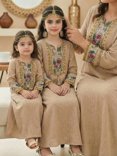 Girls' Traditional Arab Clothing: Lace V-Neck Gold-Edged Abaya With Sleeve Pattern Designs Carrying Traditional Elements, Tasseled Pendants Adding Elegance, Loose Fit Embodying Middle Eastern Apparel Characteristics, Suitable Celebrations And Traditional Holiday Outfits Abayas For Kids Kids Arabic Dress Modest Dress For Girls Thobes For Kid Girls