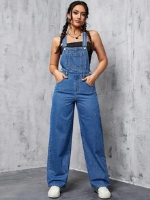 SHEIN ICON Women's Casual Everyday Commute Versatile Denim Bib Overall Jumpsuit - Medium Wash - View 5