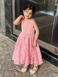 DAZY 年轻女孩 3D 花卉装饰简约无袖优雅连衣裙，女孩夏季服装 - 粉色 - 查看 4