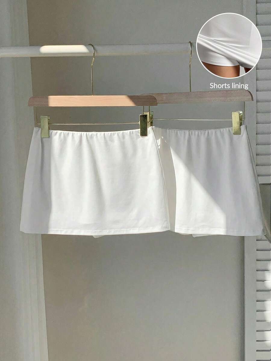SHEIN EZwear 2件套女士针织短裤带内衬迷你裙裤套装 - 白色 - 查看 1
