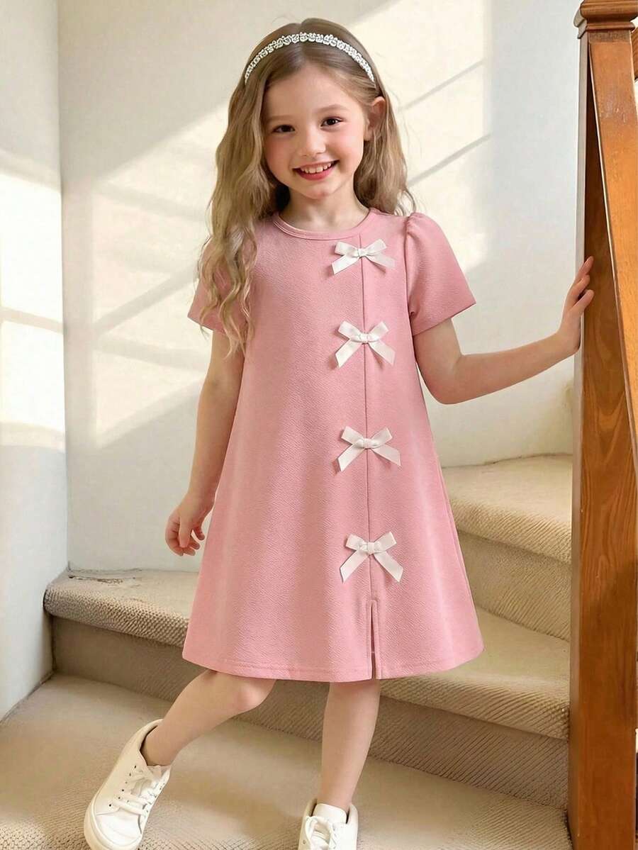 Elladie kids 小女孩甜美可爱不对称蝴蝶结开衩短袖纯色针织休闲日常连衣裙，带纽扣的女童连衣裙，短袖女童连衣裙，粉色女童连衣裙，大姐姐女童短袖连衣裙