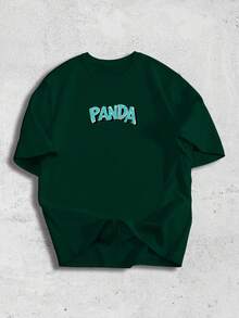 Manfinity Hypemode 一件超大款印花短袖T恤，宽松版型，露肩袖设计，趣味图案印花，休闲街头风，时尚现代设计，适合年轻潮人，日常穿着，假日/送给男友的礼物 - 綠色 - 查看 2