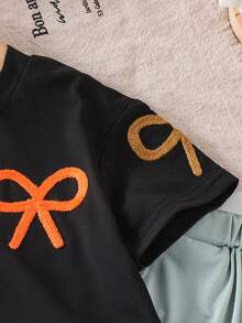 女婴甜美可爱时尚蝴蝶结装饰短袖黑色上衣搭配纯绿色裤子休闲简约夏季T恤套装 - 黑色 - 查看 4
