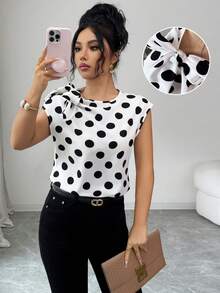 Elenzga Women's Fashionable Romantic Fitted Elegant Asymmetrical Tie Sleeve Water Print Polka Dot Blouse - Black and White - View 1