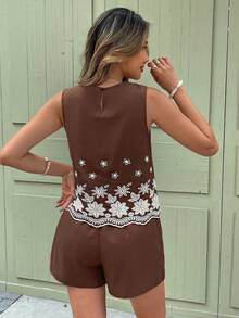 Serisse Bộ đồ nữ thường ngày thêu hoa, áo tank top và quần short, gồm 2 món. - màu nâu - Xem 2