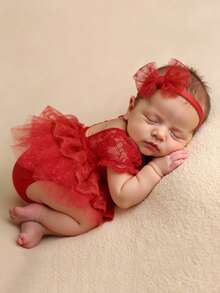 SHEIN Newborn Girl Red Lace Romper Photography Outfits With Bow Headband Baby Photography Outfits Valentine's Clothes Newborn Lace Photography Outfit Baby Girls Photography Sets Newborn Red Dress Red Headband Baby Newborn Baby Girl Clothes Newborn Photography Outfit Baby Girl Photography Sets - Red - View 1