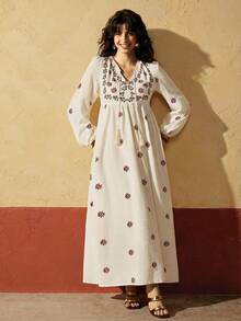 Felipe Marques Women's Floral Print Long Sleeve Loose Long Dress, Casual For Spring/Autumn, Vacation, Party, Beach - Apricot - View 3