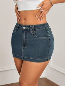 SHEIN ICON 夏季性感水洗修身迷你牛仔裙 - 深色水洗藍 - 查看 6