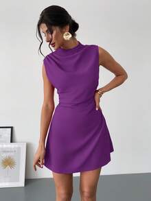 Firerie 女士优雅简约精致浪漫甜美日常通勤婚礼派对音乐节度假褶皱A字迷你连衣裙，红色吊带 - 紫色 - 查看 2