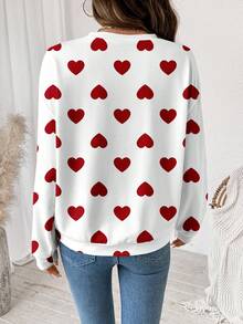 SHEIN LUNE Casual Retro Elegant Commuting Versatile Couple Matching Red & White Small Heart Print Pattern, Comfortable Warm Crew Neck Loose Fit Plus Size Women Sweatshirt, Suitable For Autumn/Winter - Multicolor - View 2