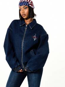 BABYPHAT Chaqueta vaquera oversize con estampado de logo y cierre con cremallera para moda casual de calle en invierno y otoño - Azul Marino - Ver 2
