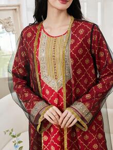 少女网纱长袖外套和印花长袖连衣裙套装 - 紅色 - 查看 10