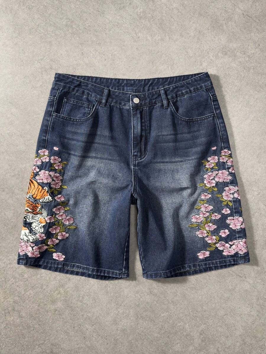 ROMWE MEN Anime Quần short denim nam dáng rộng, họa tiết hoa và hổ, có túi, kiểu dáng thường ngày. - Màu xanh lam - Xem 1