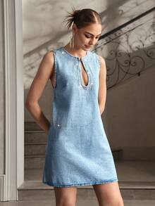 Selenza Women's Rhinestone Cutout Design Sleeveless Denim Dress - Blue - View 3