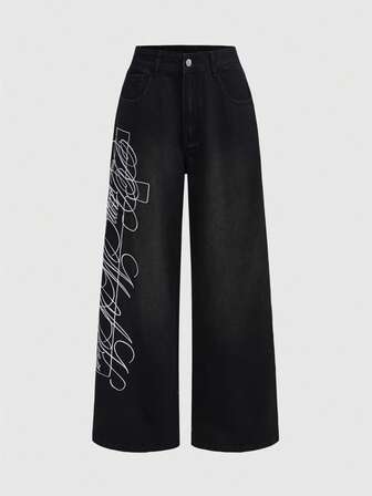 Grunge Punk Jeans casual larghi con stampa a lettere e tasche per donna