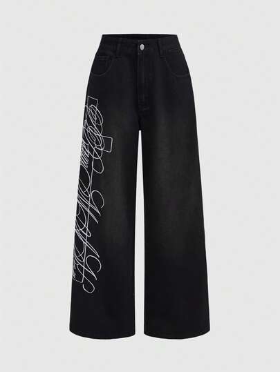 Grunge Punk Women's Letter Print Pocket Wide Leg Loose Casual Jeans