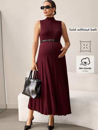 MaterniWear 孕妇纯色立领宽松休闲度假无袖连衣裙