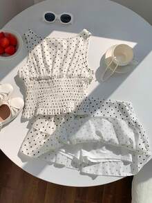 Comfortcana Women's Casual Polka Dot Print Camisole And Mini Skirt 2 Pieces Set, Summer - Black and White - View 3