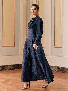 Anewsta 女士长袖褶裥拼接提花串珠连衣裙，优雅派对礼服 - 寶藍色 - 查看 5