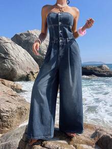 DAZY Women's Casual Washed Denim Jumpsuit With Bandeau Design - Medium Wash - View 5
