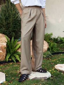 DAZY Men's Solid Beige Elastic Waist Suit Pants, Spring/Autumn - Apricot - View 1