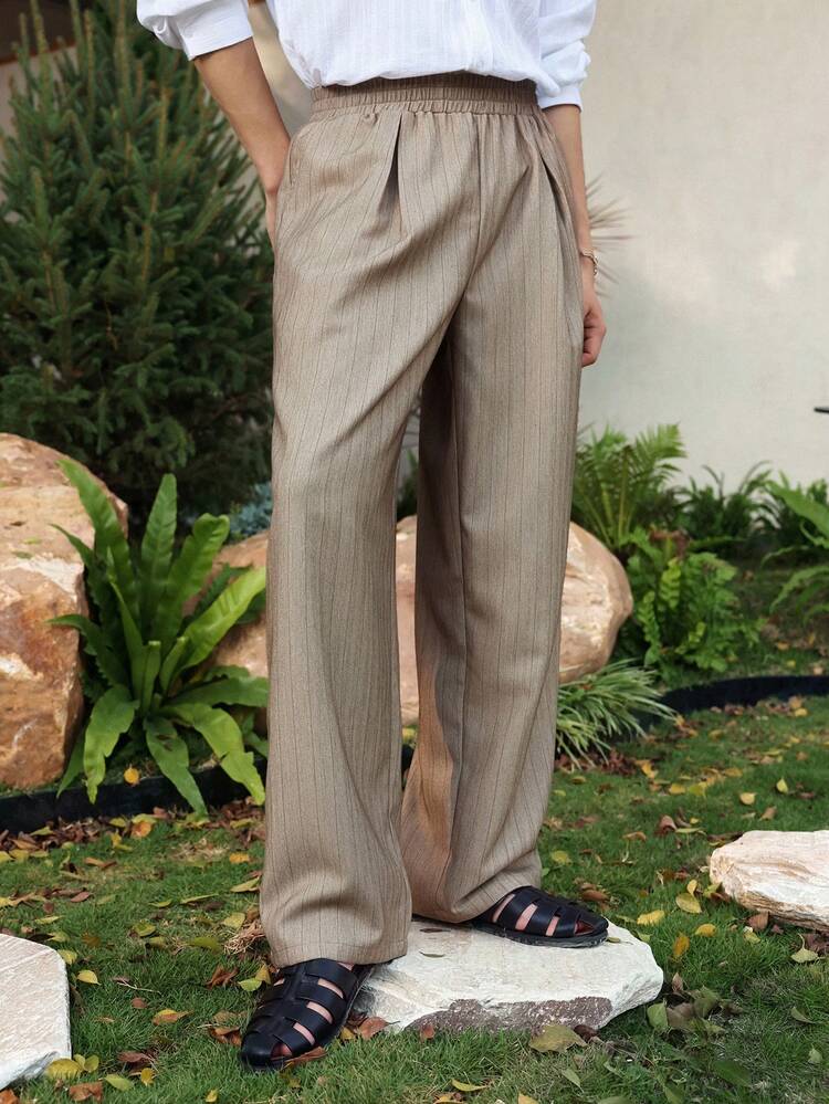 Men's Solid Beige Elastic Waist Suit Pants, Spring/Autumn