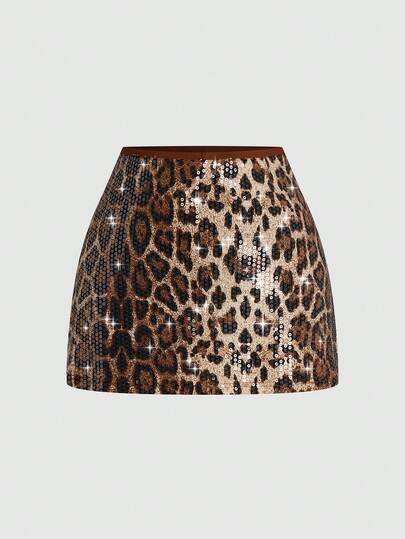 Sweetra 大码女式夏季性感豹纹亮片高腰A字迷你裙，复古豹纹竖条纹紧身夏季半身裙