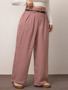 Enliva 大码复古红格子高腰阔腿裤，优雅的办公室/通勤装 - 酒紅色 - 查看 4