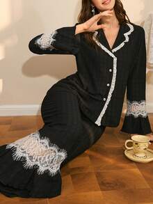 Elegant French Lace Sleepwear, Romantic Lace Patchwork Ruffle Trim Sleepwear Set, Charming Ladies Nightwear - Black - View 6