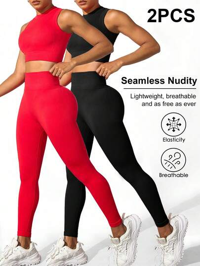 Velisys Women Solid Color Seamless Crew Neck Sleeveless Top And Long Pants Sports Set Gym Set For Chinese New Year