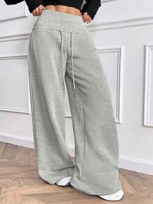 SHEIN PETITE Pantalones de chándal de punto gris con cordón en la cintura y ajuste holgado, adecuados para ceremonia de graduación, atuendo de vuelta al colegio, uniforme de maestro, otoño