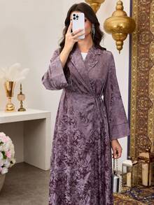 Al Najma Women's Purple Woven Jacquard Long Sleeve Tie-Front Elegant Abaya