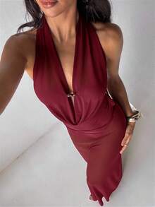 Aloruh 女士度假连衣裙，纯色茄紫色，深V垂褶领口，性感优雅露背吊带裙，女士罩衫，女士沙滩装 - 紅色 - 查看 6
