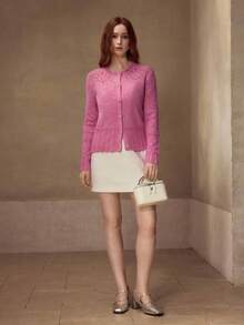 MOTF PREMIUM PINK POINTELLE KNIT SEQUIN RHINESTONE DETAIL BUTTON UP CARDIGAN - Pink - View 5