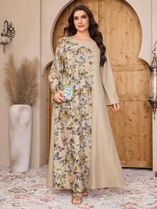Al Najma Plus Size Women's Casual Vacation Style Floral Print Patchwork Flare Sleeve Loose Arabic Dress, Spring/Autumn - Multicolor - View 8