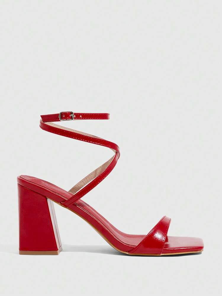CUCCOO SZL Women Shoes Red PU Ankle Strap Daily Basic Commuter Strap Square Toe Thick Heel Sandals Prom Heels