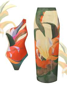 Swim Oasis 新款印花单肩露背泳衣，腰部系带，搭配长裙两件套，优雅沙滩度假装 - 彩色 - 查看 6