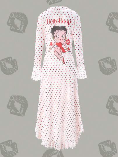 Betty Boop x SHEIN 女士休闲波点卡通印花荷叶边下摆和服，秋季